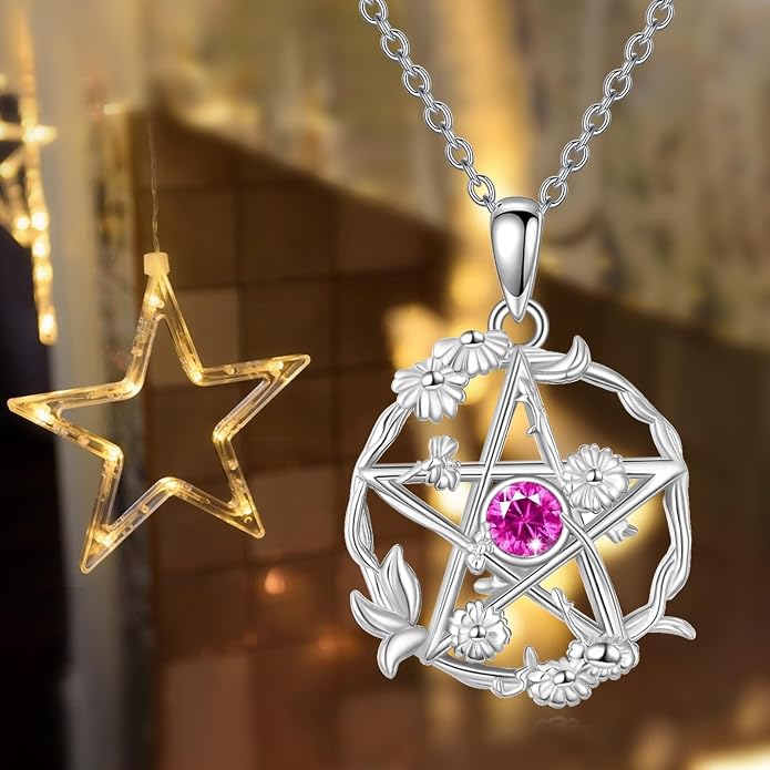 Birthstone Pentagram Necklace for Women 925 Sterling Silver Pentacle Daisy Pendant Pentacle Jewelry Birthday Gifts
