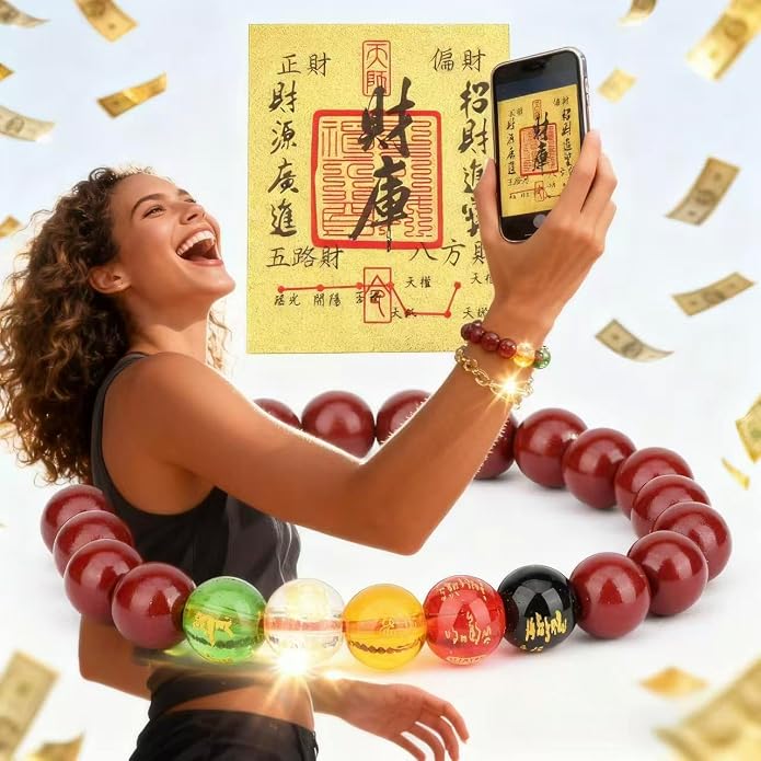 LINGYUAN Feng Shui Wealth and Luck Bracelet with Gold Foil Five Gods Amulet-Red Agate Cinnabar Gemstone Bracelet for Prosperity, Protection & Success, Lucky Charm Gift for Men & Women
