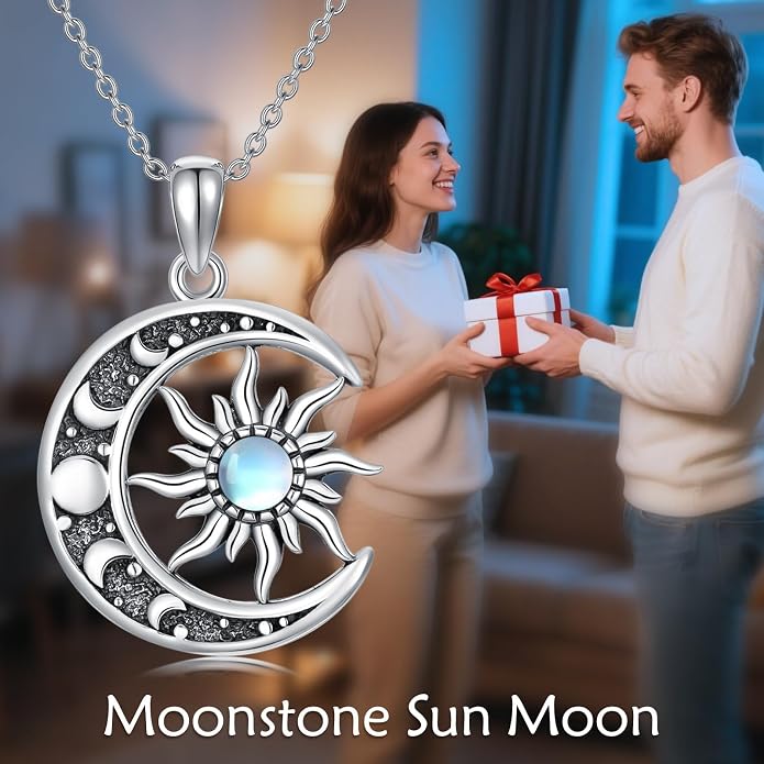 Sun and Moon Necklace 925 Sterling Silver Sun Moon Pendant Gemstone Jewelry Gifts for Women