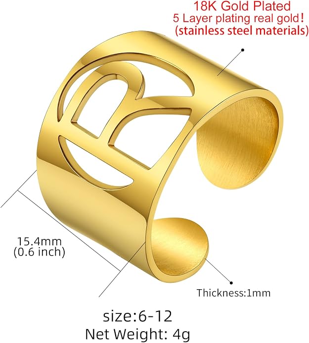KeyStyle Bold Initial Letter Rings Adjustable, GoldChic Jewelry Women Gold Statement Ring Personalized Engraved Women’s Open Signet Ring for Party (Gold, White Gold, Black)