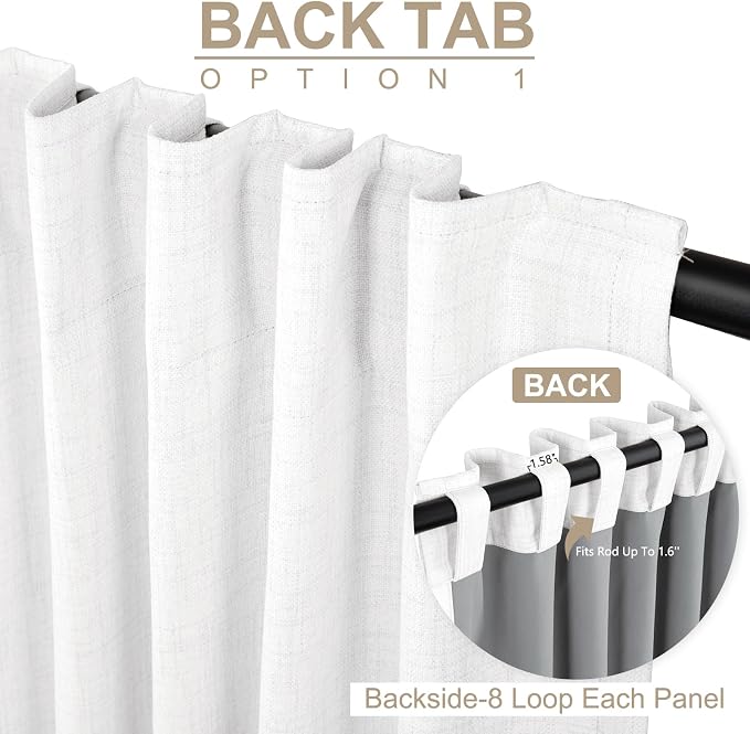 100% Blackout Shield White Linen Blackout Curtains for Bedroom 96 Inches Long, Back Tab/Rod Pocket Living Room Drapes, Thermal Insulated Blackout Curtains 2 Panels Set, 50" W x 96" L,Blanc de Blanc