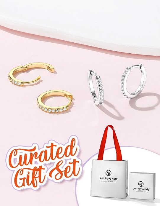 JustBeingCute 925 Sterling Silver Hoop Earrings for Women 14K Gold Plated Small Huggie Earrings Hypoallergenic Cubic Zirconia Cartilage Hoop Earring(8/10/12/14/16/18/20mm)