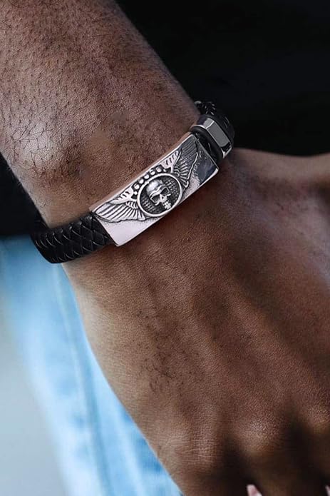 ChainsHouse Mens Wrap Braided Leather Black Bead Bracelets Bangles, Vintage Star of David/Wing Skull/Templar Cross Genuine Leather Bracelet, Customize Available, Size 7.5/8.3/9.0 Inch, Send Gift Box