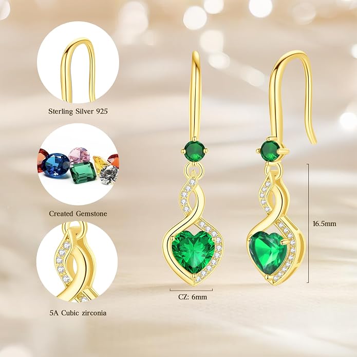FANCIME Heart Infinity Dangle Drop Earrings 925 Sterling Silver Heart Gemstone Birthstone Earring