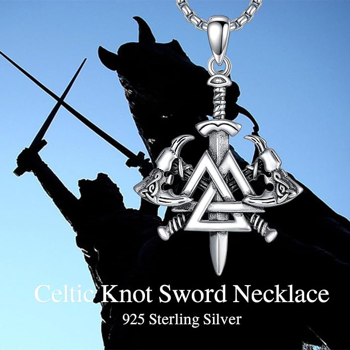 PROESS Viking Valknut Necklace S925 Sterling Silver Viking Knot Nordic Sword Necklace Celtic Axe Amulet Dagger Pendant Jewelry Gifts for Men Women