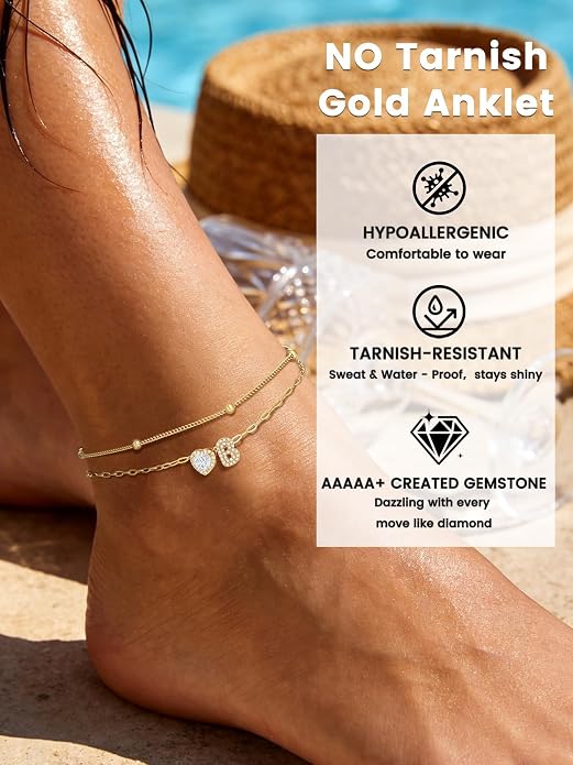 Bestyle Initial Anklet Bracelets for Women Waterproof Non Tarnish 14K Gold/White Gold Plated CZ Anklets for Women Dainty Layered Letter Heart Ankle Bracelets Adjustable Foot Chain Anklet