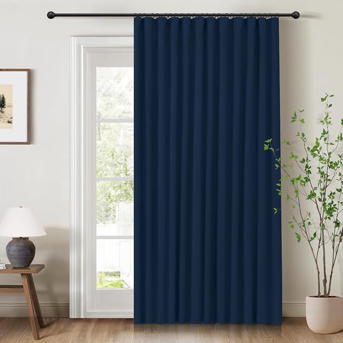 INOVADAY 100% Blackout Curtains for Bedroom, Midnight Blue Black Out Curtains 84 Inch Long, Clip Rings Linen Blackout Drapes, Thermal Insulated Room Darkening for Living Room, 1 Panel - W102xL84