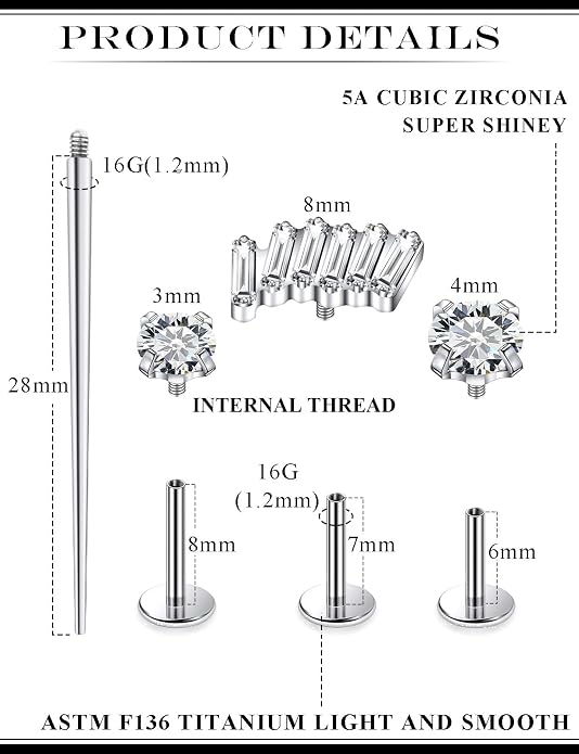 20G 18G 16G Astm F136 Titanium Internal Thread Flat Back Earrings Nose Studs Tragus Forward Helix Conch Cartilage Lobe Earring Stud Medusa Labret Monroe Lip Ring Piercing Jewelry For Women Men