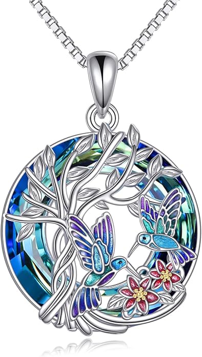 TOUPOP Sterling Silver Tree of Life Hummingbird/Dragonfly/Owl/Panda Necklace Crystal Bird Jewelry Birthday Christmas Valentines Day Gifts for Her Girlfriend Mom