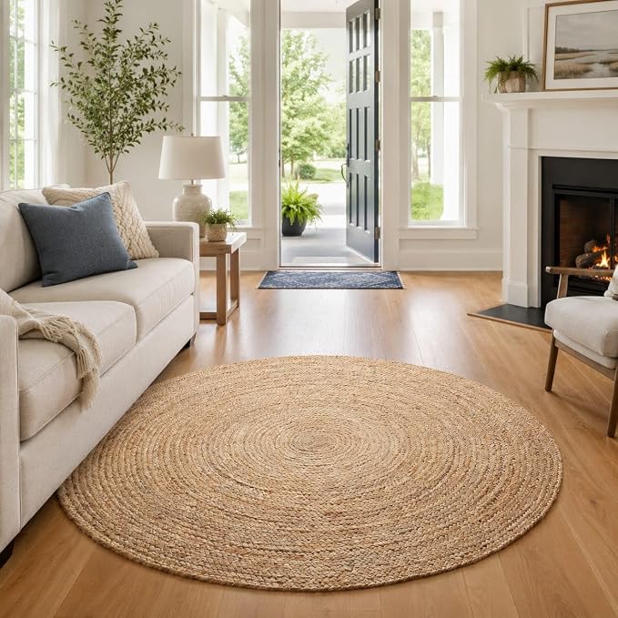 GRUHUM Handwoven Jute Area Rug-9 feet Round- Natural Fiber Boho Soft Braided Rustic Vintage Beige Reversible EcoFriendly Farmhouse Rugs-Indoor EcoFriendly Kitchen Bedroom LivingRoom Hallways (9'Round)