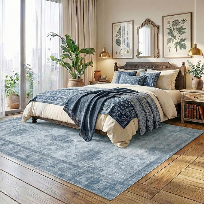 Homemate Washable Rug 6x9 Area Rugs - Vintage Faux Wool Rugs for Living Room Bedroom Dining Room - Non Slip Foldable Carpet Indoor Area Rug for Home Decor（6'x9', Blue