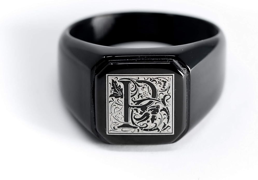 Jewelry | Stainless Steel Letter Alphabet Initial Ring | Square Flat Top Ring for Men & Women | Stainless Steel Jewelry, (Black, Gold, Silver), Size 7-16