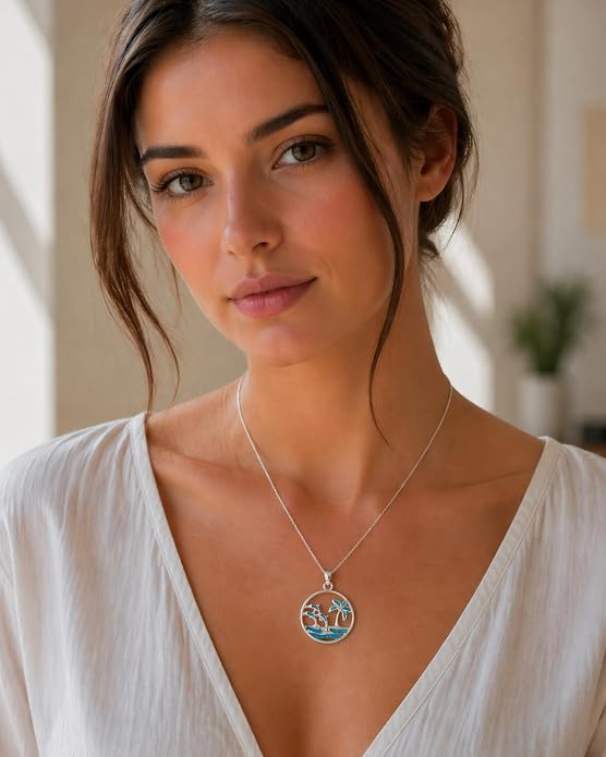 Created Blue Opal Ocean Necklace for Women, 925 Sterling Silver Pendant, 18 Inch Chain, Beach and Sea Life Jewelry Collection