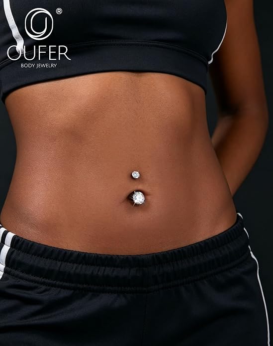 OUFER 14G G23 Titanium Moissanite Internally Threaded Belly Button Ring with Care Kit for Healing,D Color VVS1 Brilliant Cut Stones, Silver/18K Gold Plated Hypoallergenic Navel Piercing Jewelry for Women Men