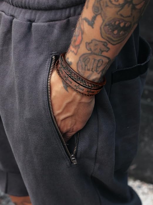Mens Leather Cross Bracelet Multilayer Braided Wristband Bangle Bracelets with Stainless Steel Buckle Religious Gift for Men Brown/Black/Blue–8.3 inch