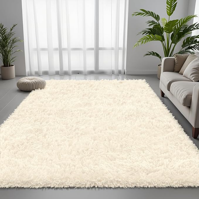 6x9 Area Rug for Living Room, Ultra Soft Fluffy Shag Rugs for Bedroom, Non-Slip Large Fuzzy Plush Rug Indoor Floor Carpet for Nursery Kids Office Dorm Modern Decor, Cream White