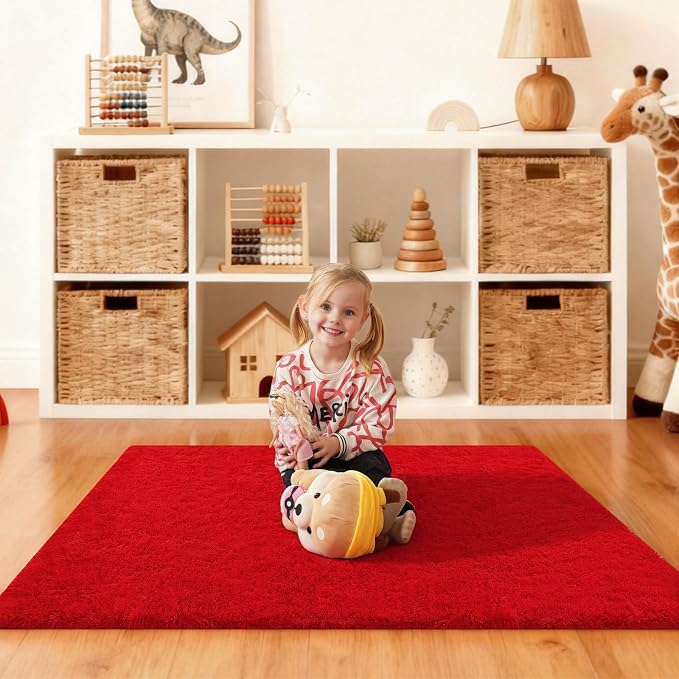 Red Rugs for Bedroom, 3x5 Fluffy Area Rugs for Living Room, Small Fuzzy Shag Soft Non-Slip Carpet for Kids Girls and Boys Nursery Dorm Indoor Room Home Decor (3ft X 5ft, Red)