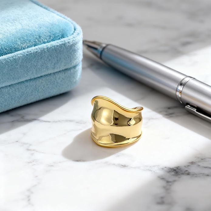 ORIGENCE Chunky Gold Silver Ring for Women 14K Gold Plated Wide Band Open Rings Tarnish-Free Thick Geometric Ring Irregular Statement Sculptural Jewelry Gift