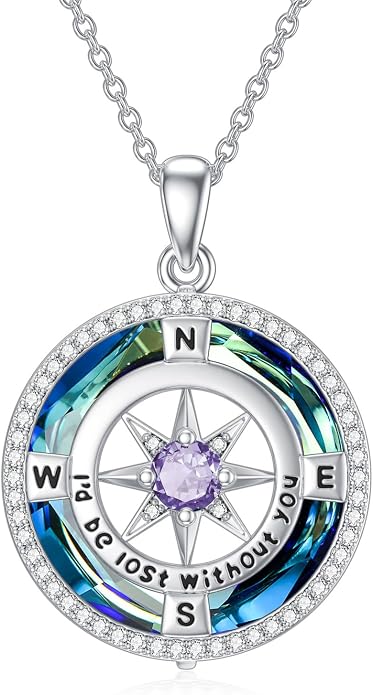 TOUPOP Necklace Gifts for Wife Compass Jewelry Women Anniversary Girlfriend Birthday Gift for Her Valentines I'd be Lost without You Sterling Silver Birthstone Necklaces