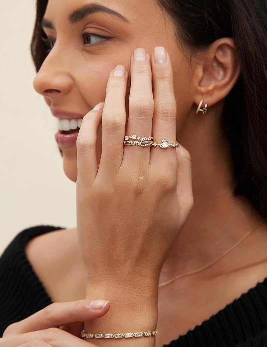 Mameloly 14K Gold Plated Wedding Band for Women CZ Twisted Rope Dainty Stackable Statement Engagement Promise Rings for Her Sizes 3-10