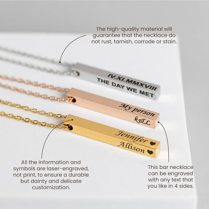 Personalized bar necklace for women, custom engraved stainless steel name plate necklace gift gold, silver and rose gold for mothers day, coordinates, dates, roman numeral, friendship, christmas