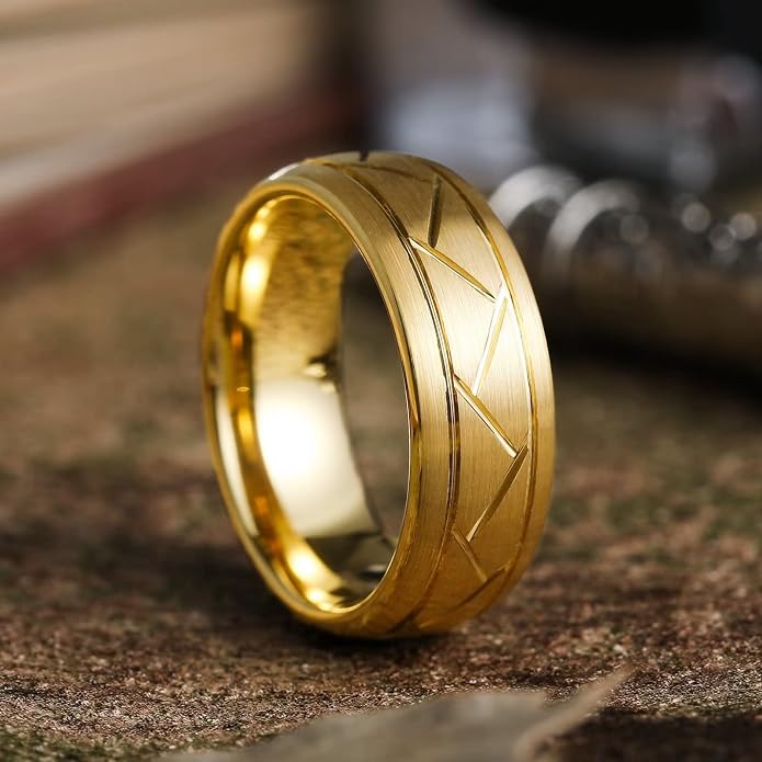 King Will Classic Tungsten Carbide Ring Brushed Two Grooved Center Hammered Design Mens Wedding Band for Men