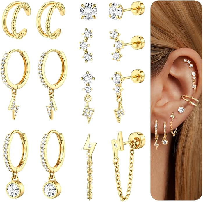 Dochais Flat Back Cartilage Earrings for Women Trendy Dainty CZ Flatback Studs Earing Sets 14k Gold Plated Hypoallergenic Huggie Hoops Earring Stacks for Multiple Piercing