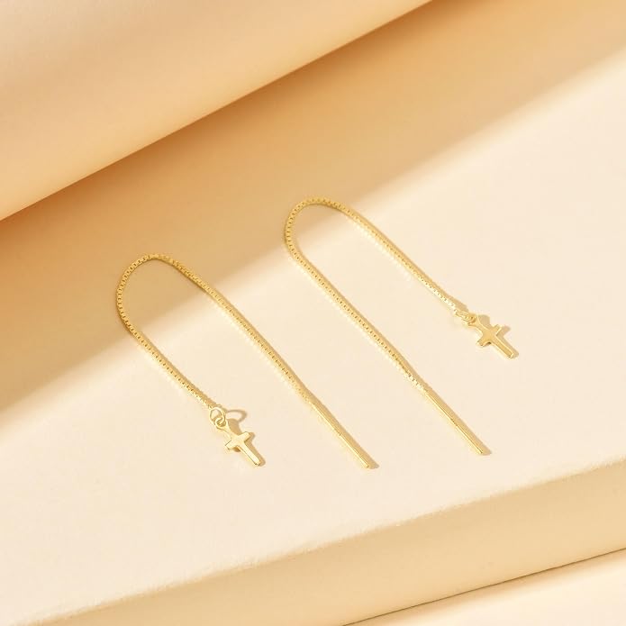 Cross Threader Earrings for Women 925 Sterling Silver Dainty Long Chain Ear Line 14K Gold Plated Elegant Cross Faith Dangle Tassel Earrings Hypoallergenic Drop Stud Christian Wedding Jewelry Gift