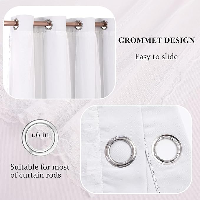 Greyish White Blackout Curtains Set - Double Layers Voile Sheer Light Blocking Draperies with Tie-Backs for Bedroom Windows, 52 x 54 inches, 2 Pieces