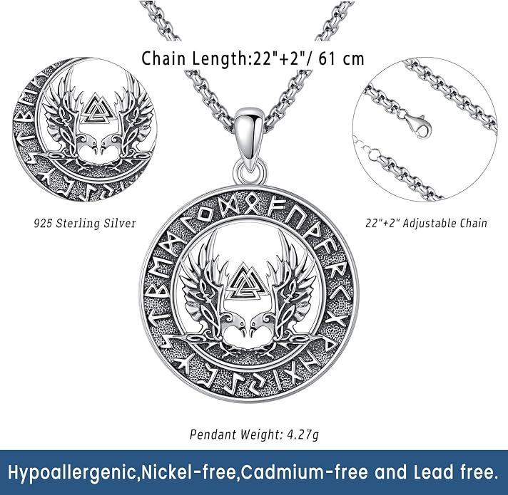 Eusense Viking Necklace for Men Women 925 Sterling Silver Pendant Thors Hammer/Norse Runes/Odin's Ravens/Wolf/Dragon/Snake/Yggdrasil/Freya/Helm of Awe/Valknut/Triskelion/Axe/Shield Viking Jewelry