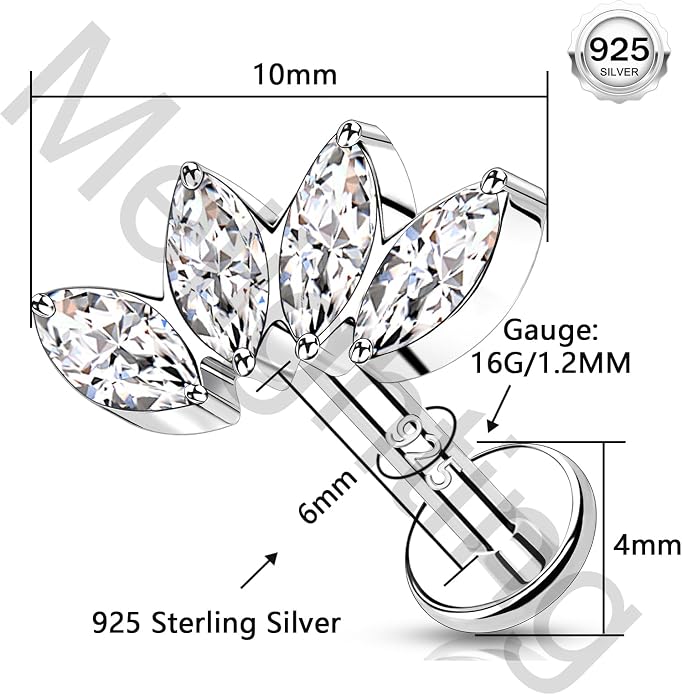 Melighting 16G Curved Helix Earring, Sterling Silver 925 Tragus Conch Stud Internally Threaded, Clear Marquise Round CZ Flat Back Lobe Labret Cartilage Piercing Jewelry for Women 6/8 mm