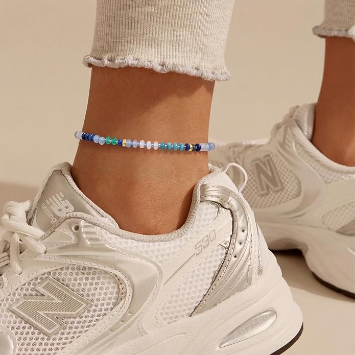 KissYan Beaded Ankle Bracelet for Women, Colorful Natural Gemstone Anklet, Waterproof Handmade Beach Summer Jewelry Gifts
