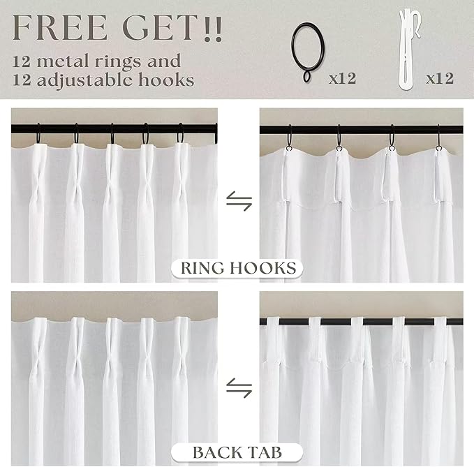 TWODRAPES 60 Inch Width Curtains 90 Inches Long Linen Curtains Pinch Pleated 90 Inch Length for Living Room Bedroom White Semi Sheer Back Tab Hooks Rings Pinch Pleat for Patio Glass Door 1 Panel