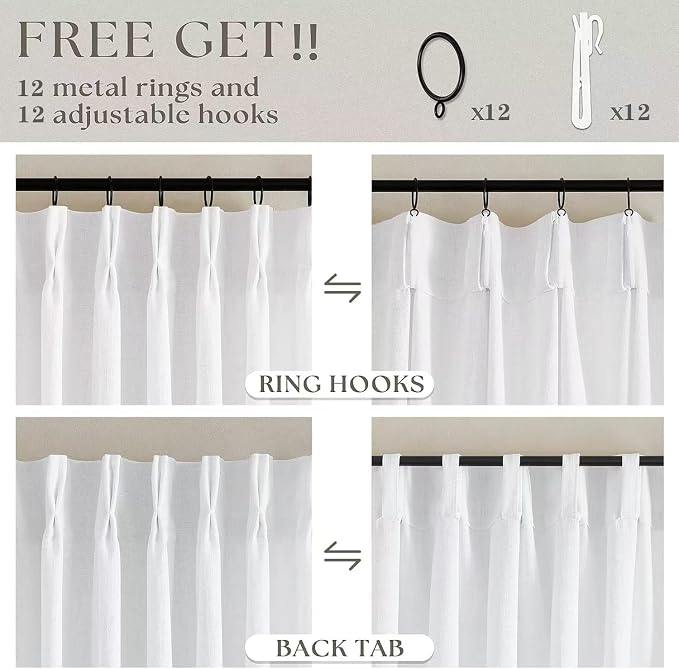 Pinch Pleated Extra Wide Linen Curtains 84 Inches Long for Patio Sliding Glass Door White 60 Inch Wide Pleated Drapes with Hooks Rings Neutral Semi Sheer 60x84 Curtain for Living Room 1 Panel