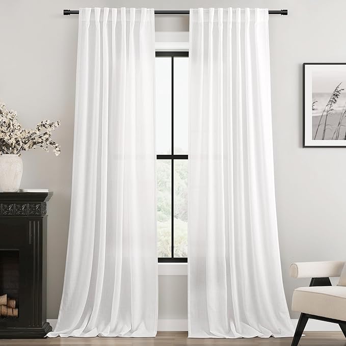 White Curtains 96 Inches Long 2 Panels Back Tab Light Filtering Cotton Textured Curtain Modern Farmhouse Coastal Decor Off White Linen Drapes for Patio Sliding Door Office Bedroom