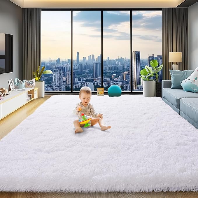 qulint 8x10 Area Rugs for Living Room, Soft Fluffy White Rug for Bedroom | Shag Shaggy Large Carpet for Nursery, Modern Fuzzy Plush Alfombras for Dorm Classroom Kid Room Classroom Christmas Home Decor