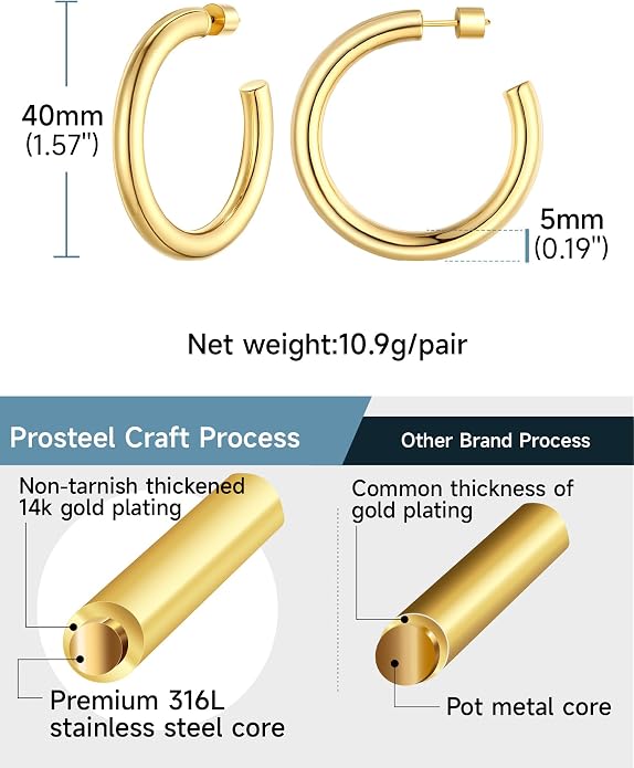 Stainless Steel Chunky Hoop Earrings For Women, Minimalist and Chic, Black/Gold Plated, Round Hoops Earrings Hypoallergenic, Size: 30mm/40mm/60mm/80mm, Come with Box