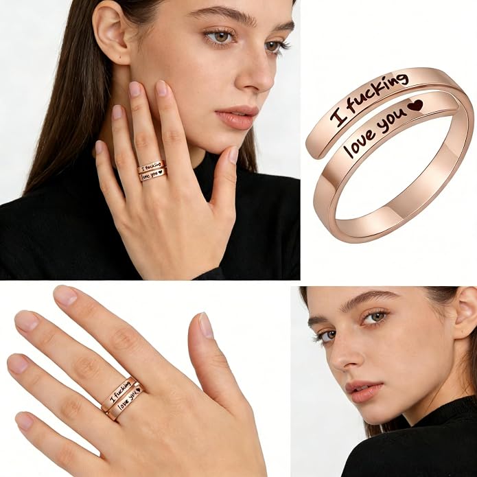 I Fcking Love You Ring, Stainless Steel Engraved Inspirational Words Heart Open Adults Women Vintage Promise Rings Lover Wife Jewelry