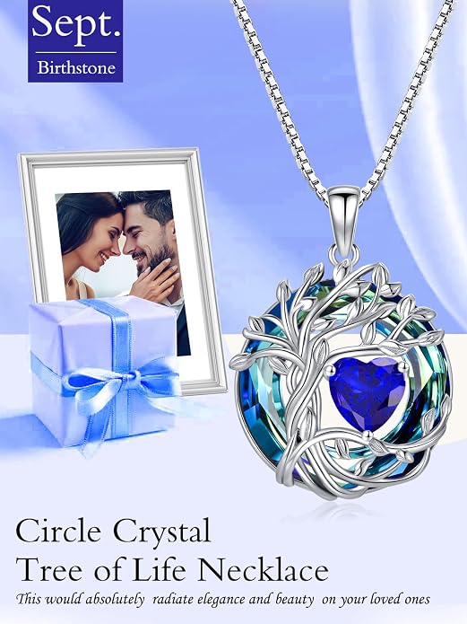 TOUPOP Tree of Life Birthstone Necklace Sterling Silver Pendant Birthstone Necklaces with Blue Crystal Anniversary Birthday Jewelry for Women Mom Wife Her