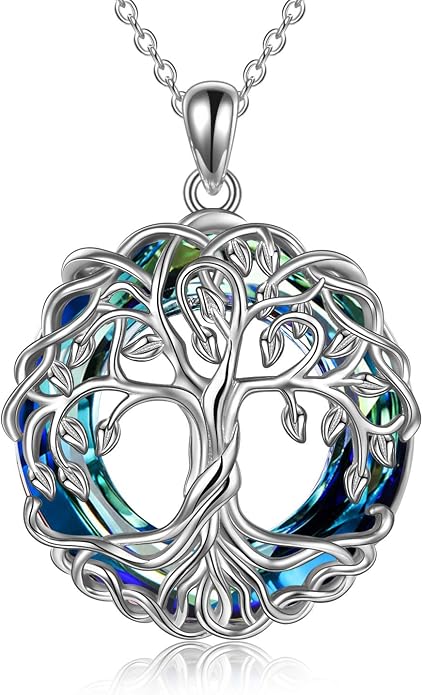 POPLYKE Tree of Life Necklace for Women Sterling Silver Celtic Knot Family Tree With Blue/Purple/Volcano Crystal Irish Gifts for Mom Wife Birthday Christmas