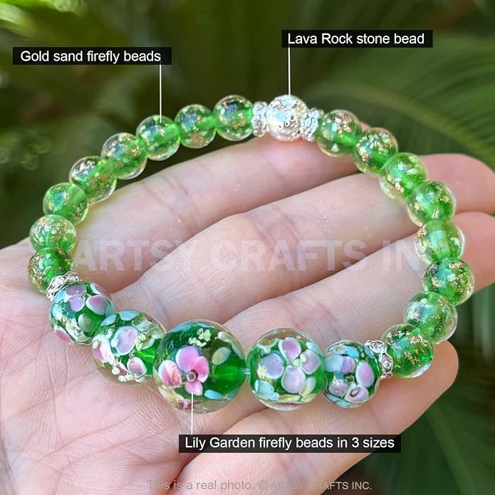 ARTSY Crafts Lily Garden Glow in the Dark Firefly Bead Bracelets Necklaces, Handmade in USA Murano Glass Jewelry, Flower Luminous Beads Mermaid Crystal Bracelet Bangle