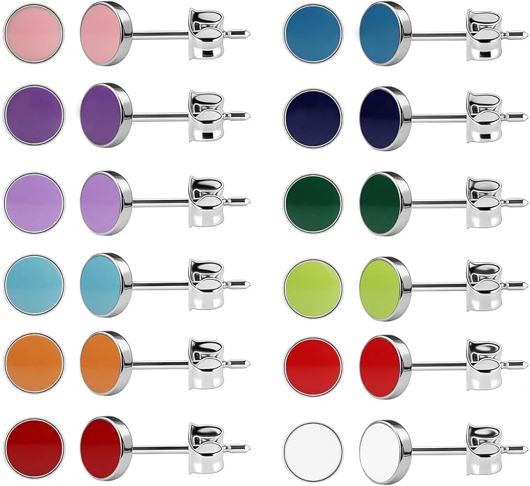 JMLOON 12 Pairs Enamel Flat Back Stud Earrings Surgical Stainless Steel Round Heart Star Square Hexagon Screw Back Stud Earrings