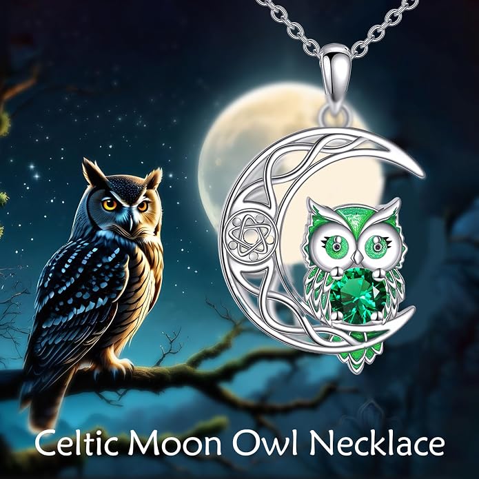 Owl Birthstone Necklace Sterling Silver Celtic Moon Pendant Cubic Zirconia Owls Jewelry Birthday Gifts for Women Men