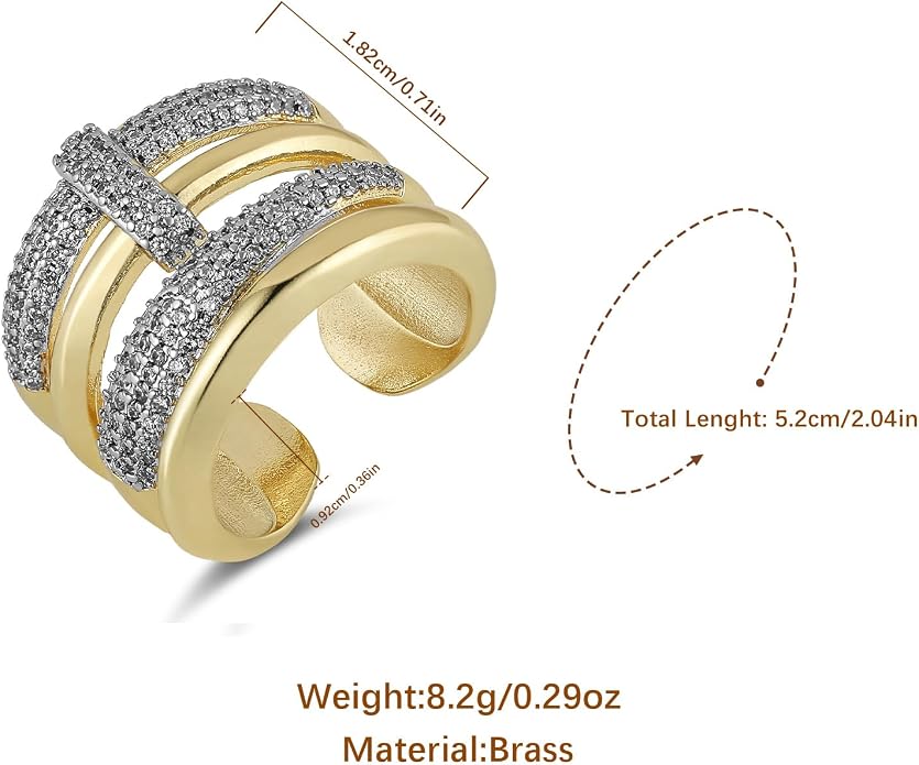 HZMAN 14K Gold Plated Brass Open Ring Collection for Women, Non-Adjustable Crystal Inlay Statement Rings, Wide Band Cocktail Jewelry Assorted Styles