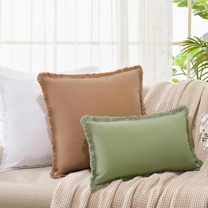 ZWJD Pillow Covers 26x26 Set of 2 Camel Throw Pillow Covers with Fringe Chic Cotton Decorative Pillows Square Cushion Covers for Sofa Couch Bed Living Room Farmhouse Boho Decor
