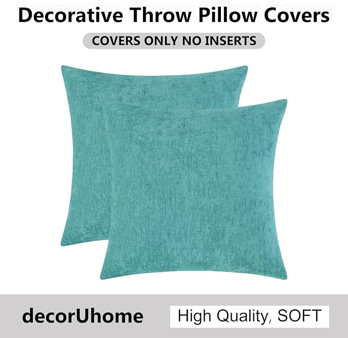 decorUhome Soft Chenille Turquoise Throw Pillow Covers 26X26 Set of 2 | Decorative Fall Couch Pillow Covers Solid Dyed Accent Modern Euro Sham Farmhouse Neutral Square Pillow Cases for Sofa