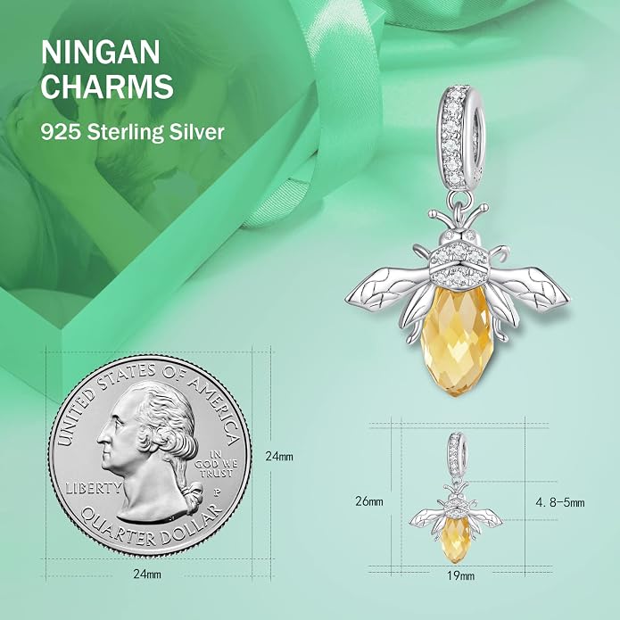 NINGAN 925 Sterling Silver Charm Golden Love Charm Buckle Safety Chain Travel Bead Firefly Dragonfly Pendant, Suitable for Women Bracelet and Necklace as Gift from Mom and Friends