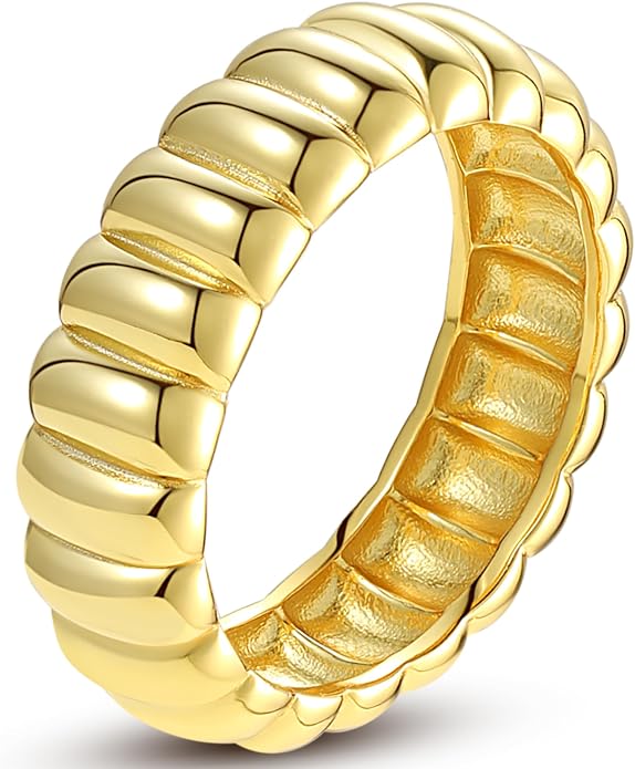 14K Gold Plated Wide Puffy Ribbed Band Ring | Womens Puffy Cloud Gold Stacking Band Thick Bold Statement Stacking Band | Minimalist Everyday Jewelry Gift for Her