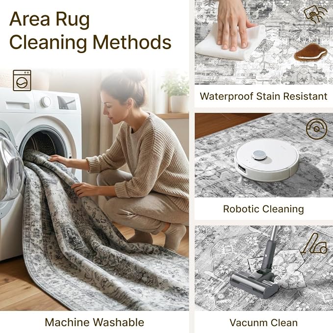 10x12 Area Rug for Living Room-Vintage Farmhouse Boho Floral Washable Stain Resistant Indoor Carpet for Bedroom Office and Home Decor(Black&Grey)