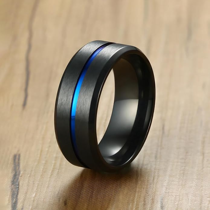 MMTTAO Men's Titanium Ring Wedding Bands for Men Women 6MM 8MM 10MM Black/Blue/Silver Engagement Band Wedding Rings Beveled Edge Brushed Matte Finished & Polished Grooved Center Comfort Fit Size 6-13